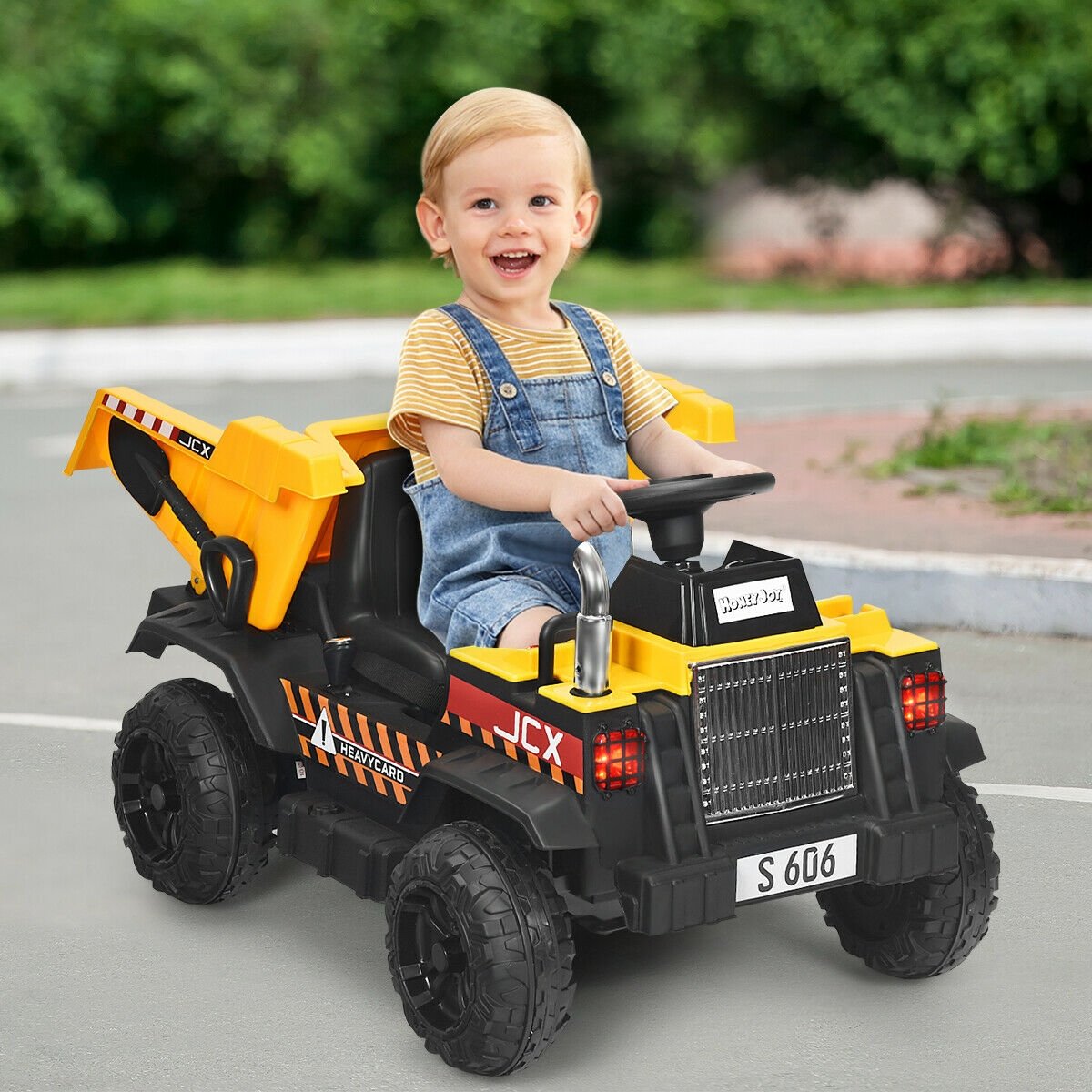 12V Kinder-Kipplaster mit elektrischer Ladefläche, abnehmbarer Schaufel, Fernbedienung und Sicherheitsgurt, bis 30 kg belastbar, Gelb