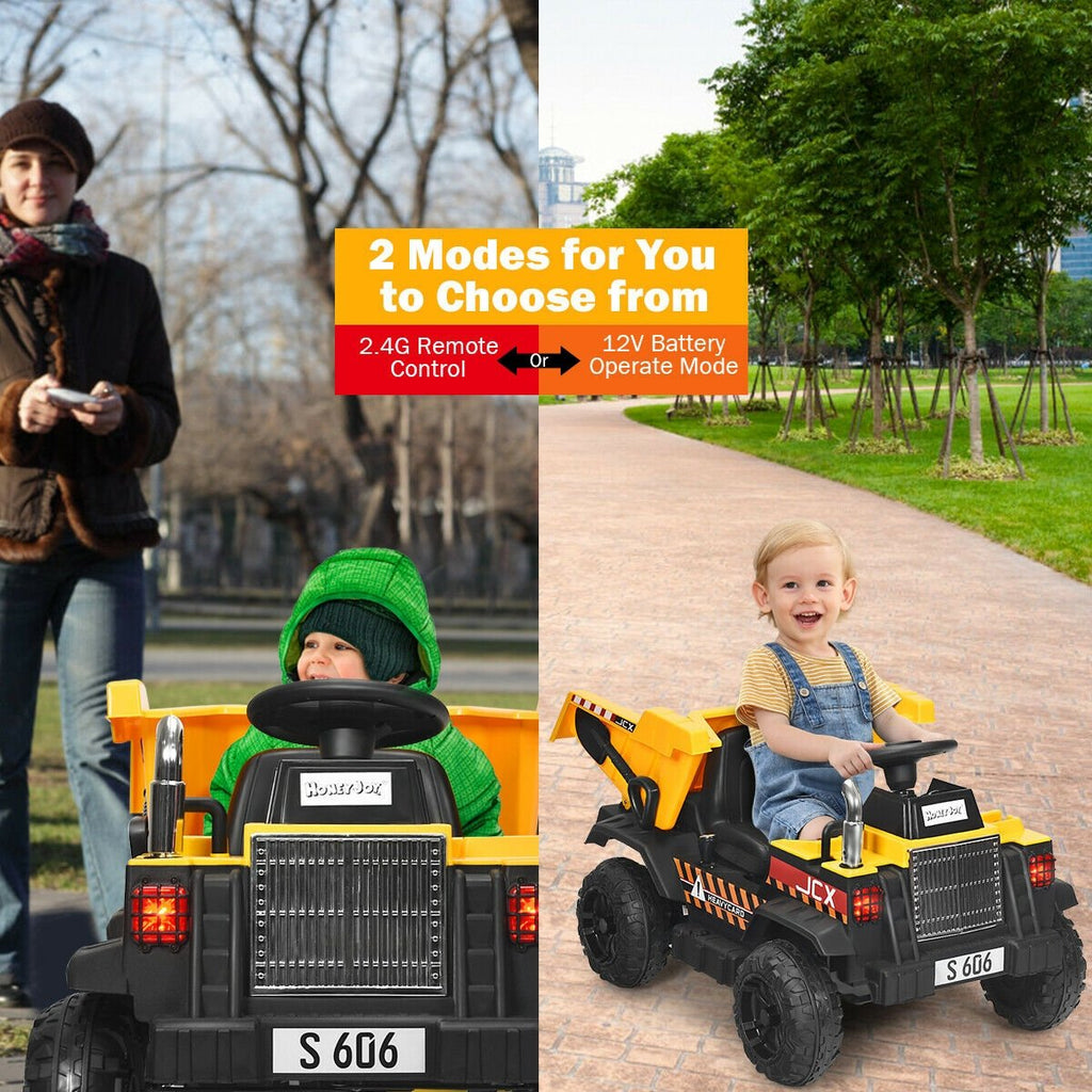12V Kinder-Kipplaster mit elektrischer Ladefläche, abnehmbarer Schaufel, Fernbedienung und Sicherheitsgurt, bis 30 kg belastbar, Gelb