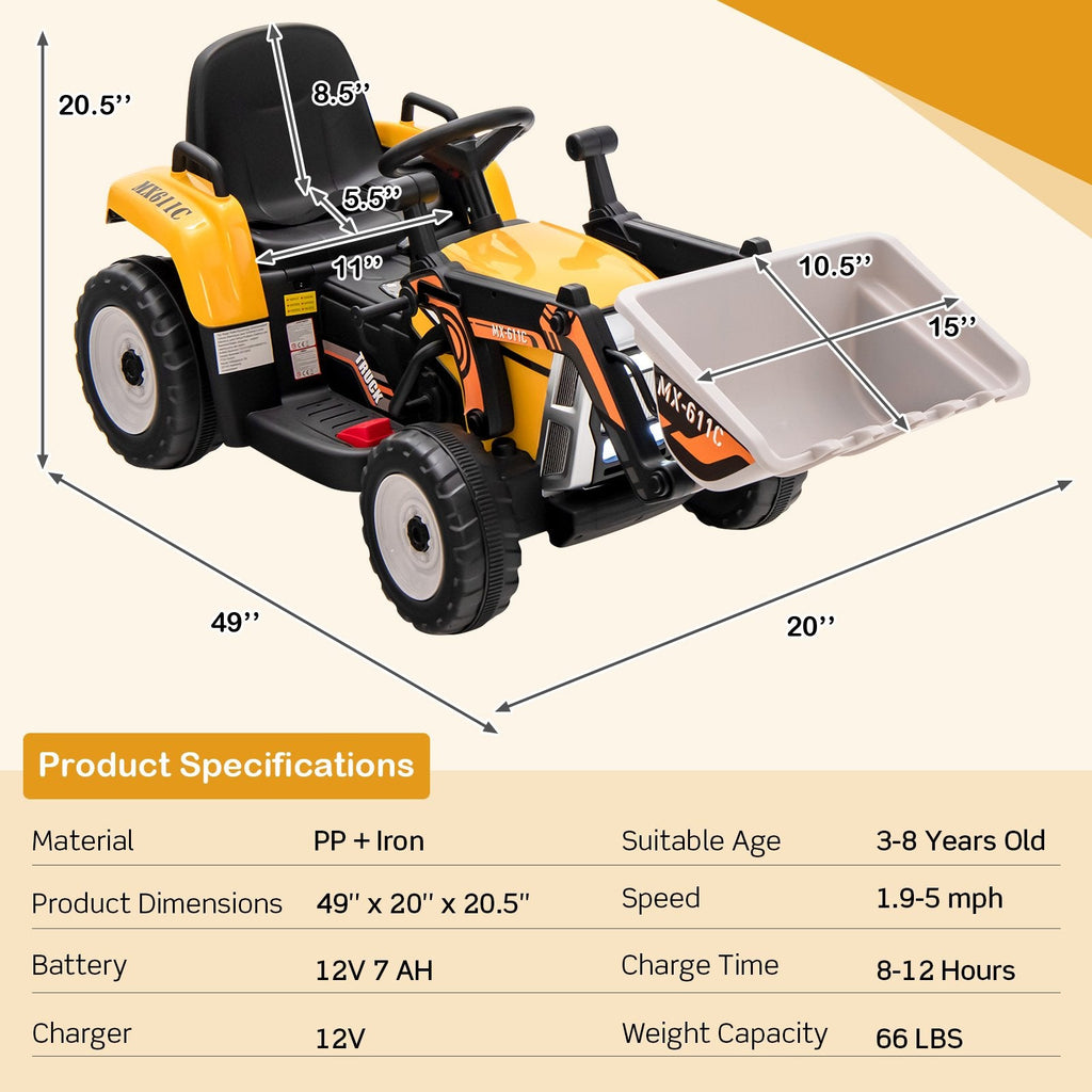 Pelleteuse électrique 12V pour enfants avec bras et godet réglables, télécommande parentale, ceinture de sécurité et limite de poids de 66 lb, de 3 à 8 ans, jaune