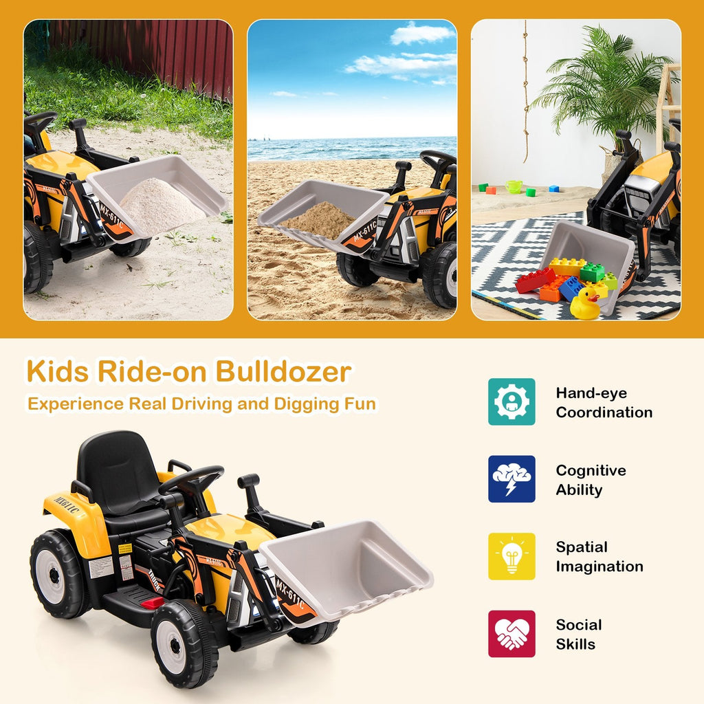 Pelleteuse électrique 12V pour enfants avec bras et godet réglables, télécommande parentale, ceinture de sécurité et limite de poids de 66 lb, de 3 à 8 ans, jaune