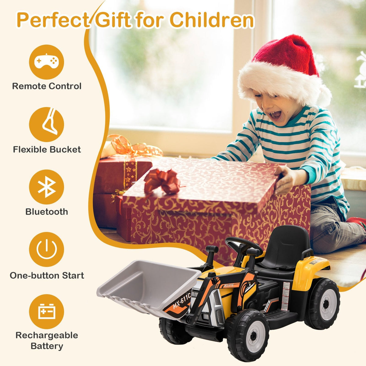 Pelleteuse électrique 12V pour enfants avec bras et godet réglables, télécommande parentale, ceinture de sécurité et limite de poids de 66 lb, de 3 à 8 ans, jaune