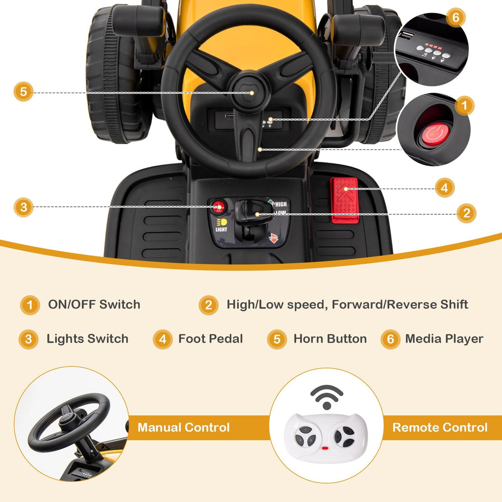 Pelleteuse électrique 12V pour enfants avec bras et godet réglables, télécommande parentale, ceinture de sécurité et limite de poids de 66 lb, de 3 à 8 ans, jaune