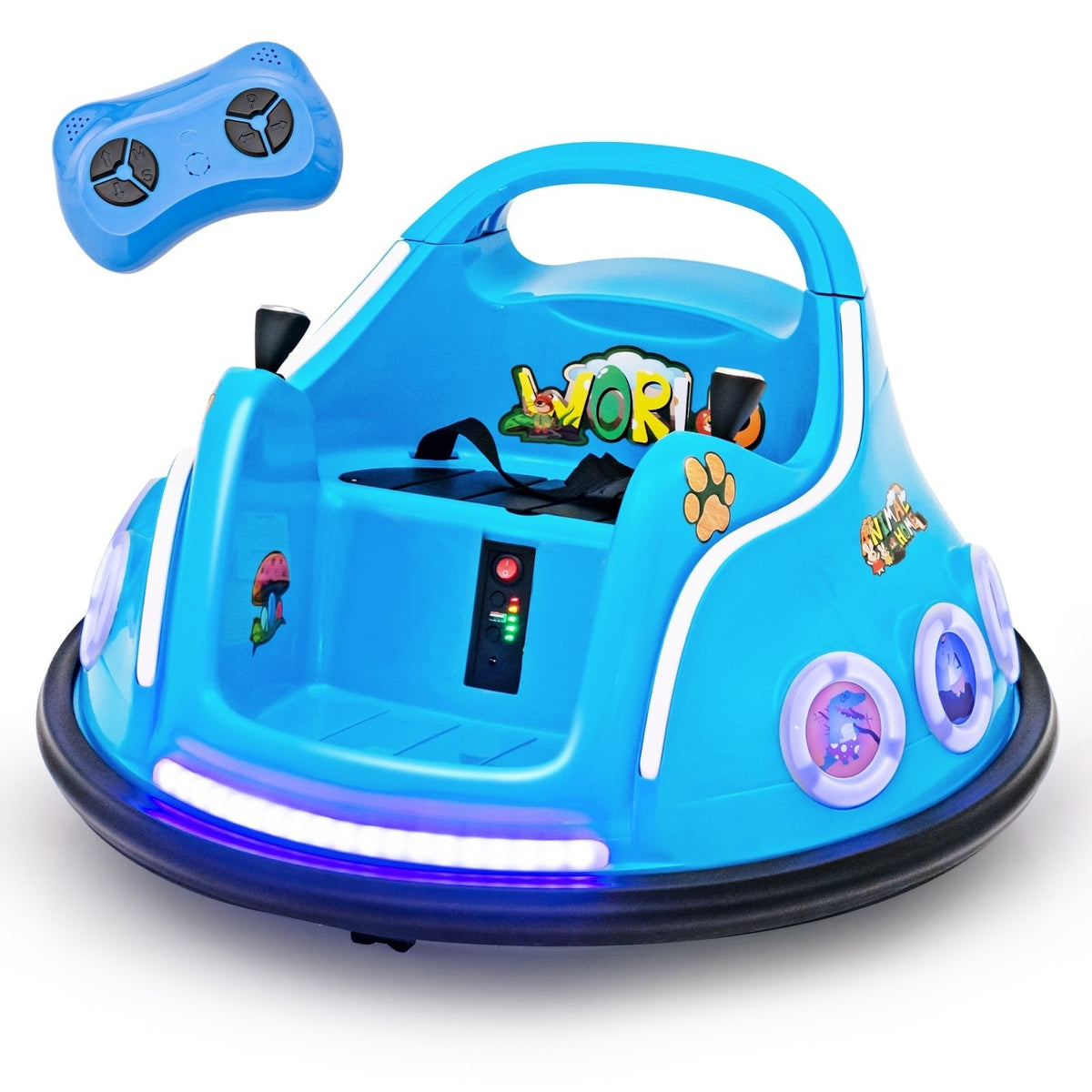 Coche de choque eléctrico de 12 V para niños, giro de 360 grados, 3 velocidades de hasta 1,25 mph, luces laterales intermitentes y control remoto para padres, azul marino