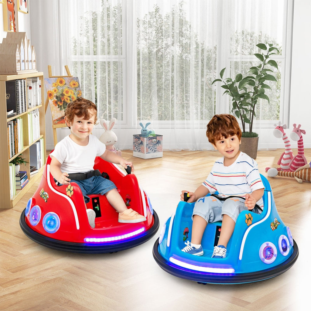 Coche de choque eléctrico de 12 V para niños, giro de 360 grados, 3 velocidades de hasta 1,25 mph, luces laterales intermitentes y control remoto para padres, azul marino