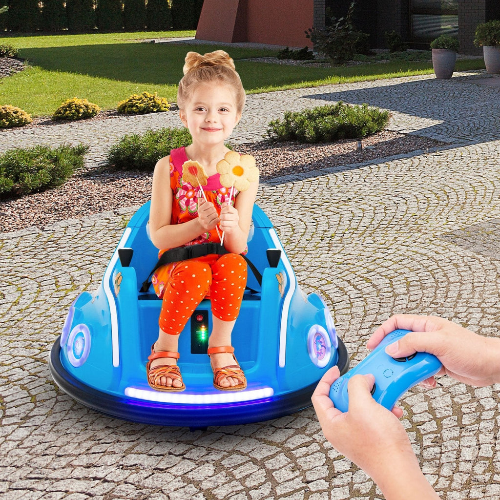 Coche de choque eléctrico de 12 V para niños, giro de 360 grados, 3 velocidades de hasta 1,25 mph, luces laterales intermitentes y control remoto para padres, azul marino