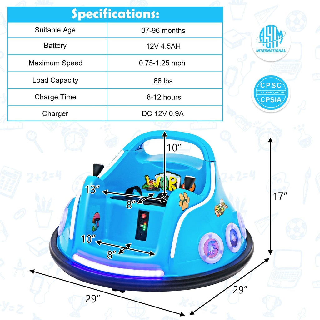 Coche de choque eléctrico de 12 V para niños, giro de 360 grados, 3 velocidades de hasta 1,25 mph, luces laterales intermitentes y control remoto para padres, azul marino