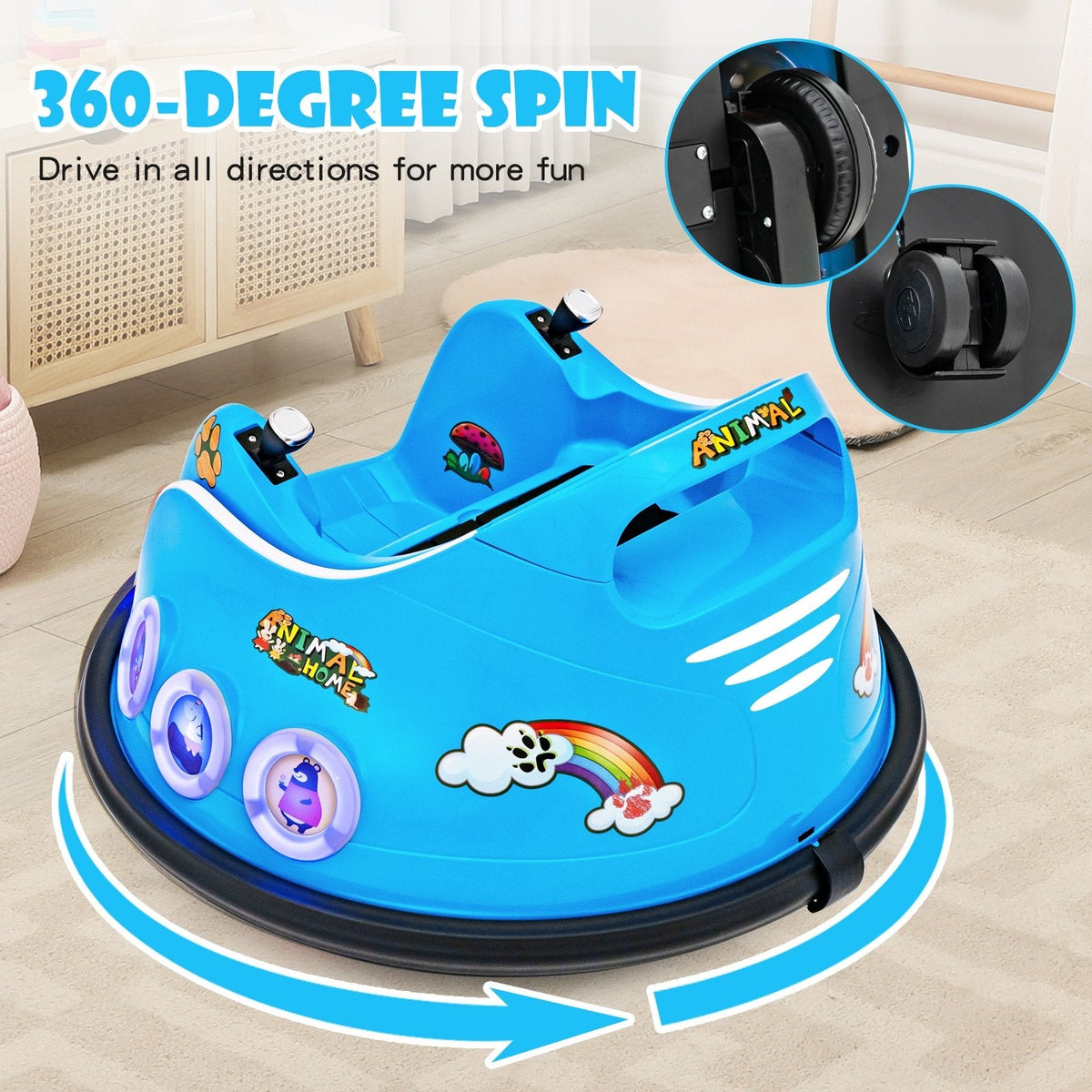 Coche de choque eléctrico de 12 V para niños, giro de 360 grados, 3 velocidades de hasta 1,25 mph, luces laterales intermitentes y control remoto para padres, azul marino