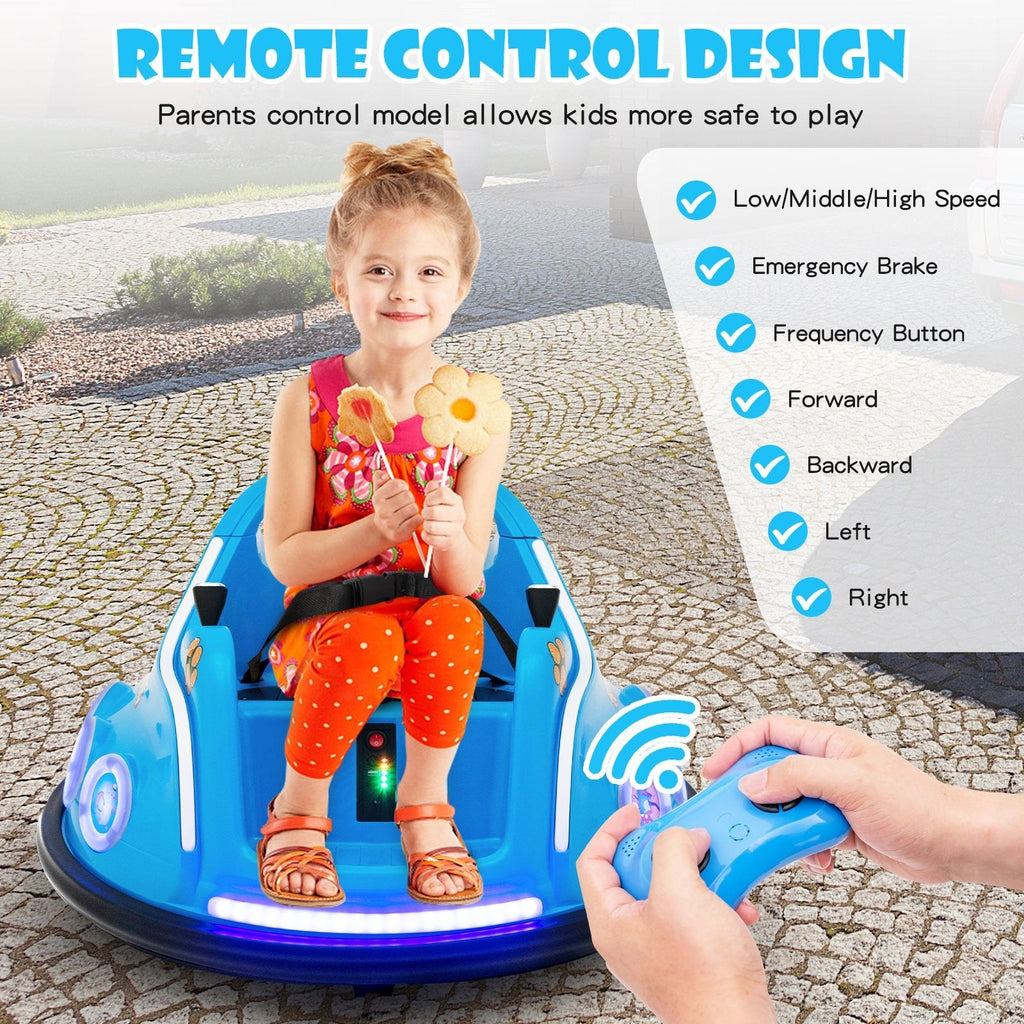 Coche de choque eléctrico de 12 V para niños, giro de 360 grados, 3 velocidades de hasta 1,25 mph, luces laterales intermitentes y control remoto para padres, azul marino