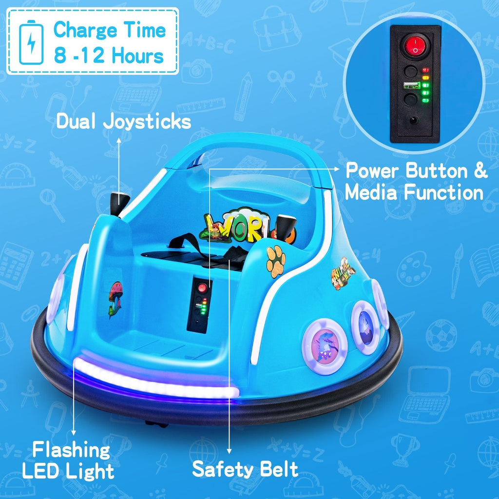 Coche de choque eléctrico de 12 V para niños, giro de 360 grados, 3 velocidades de hasta 1,25 mph, luces laterales intermitentes y control remoto para padres, azul marino