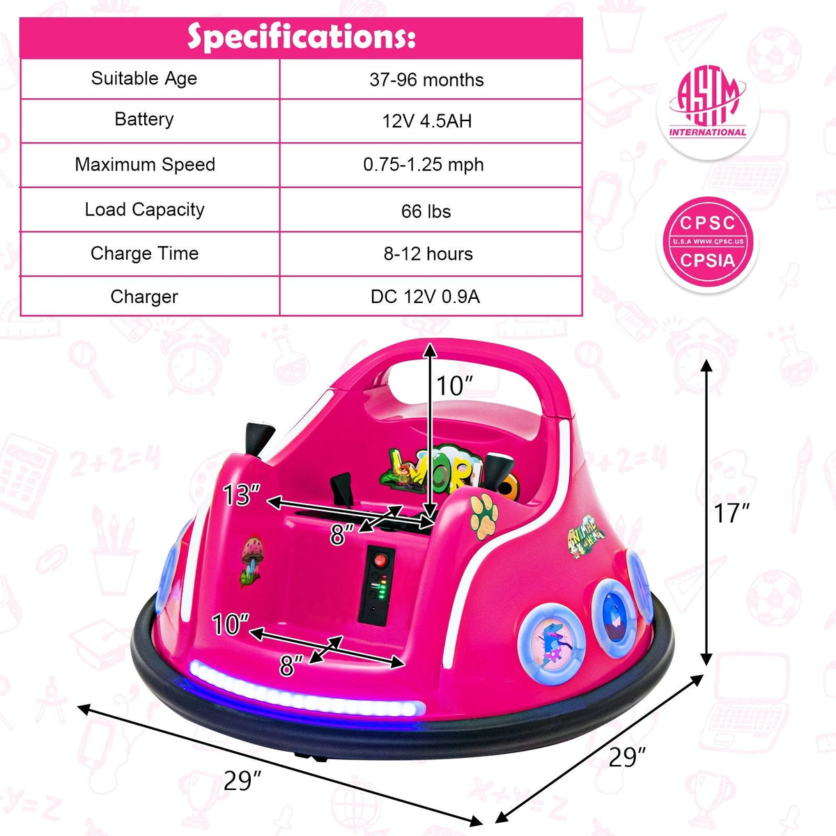 12V Kids Ride On Bumper Car with 66 lb Load Capacity, 3 Speeds, Safety Belt, Soft Bumper and Parent Remote, Pink