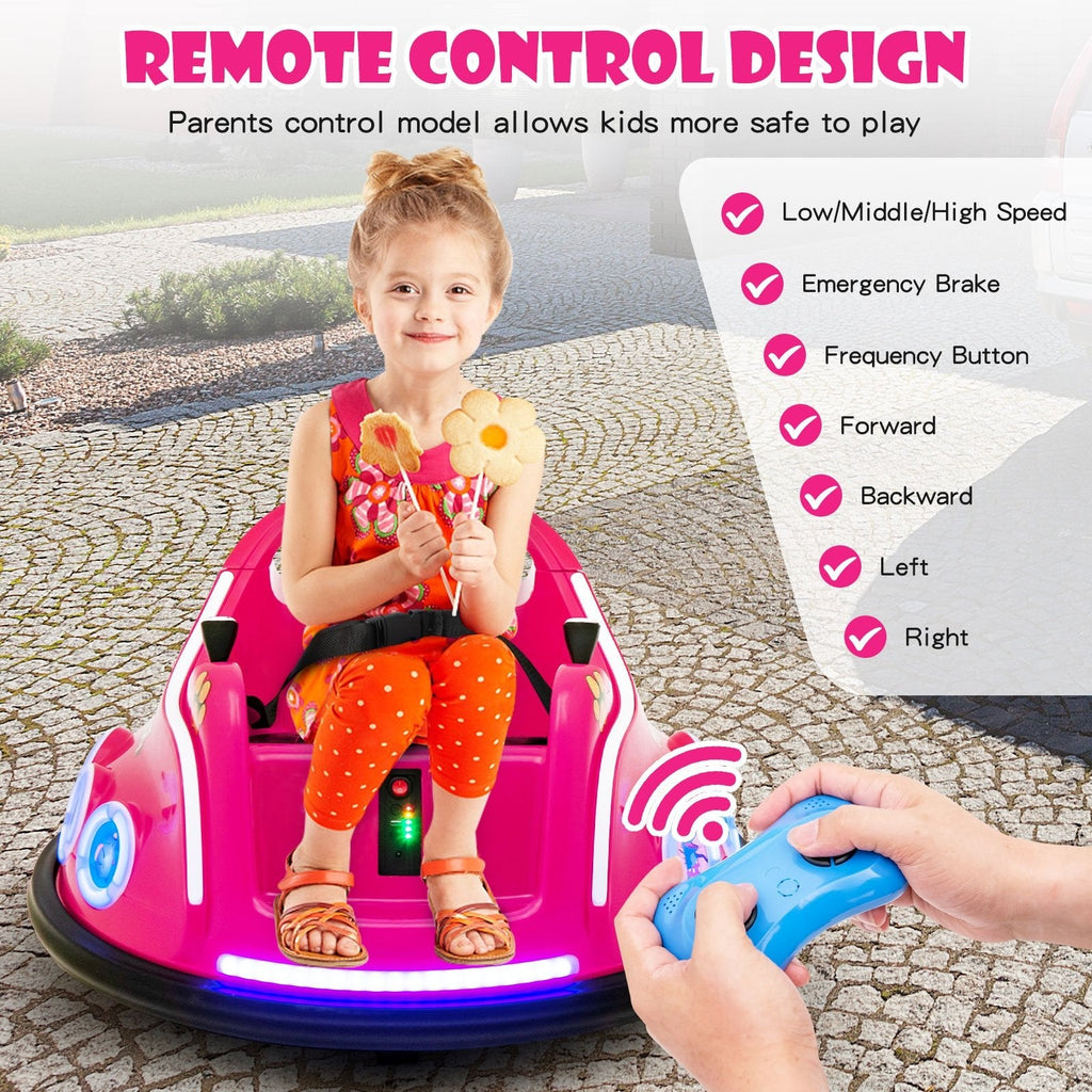Auto-tamponneuse électrique 12V pour enfant avec capacité de charge de 66 lb, 3 vitesses, ceinture de sécurité, pare-chocs souple et télécommande parentale, rose