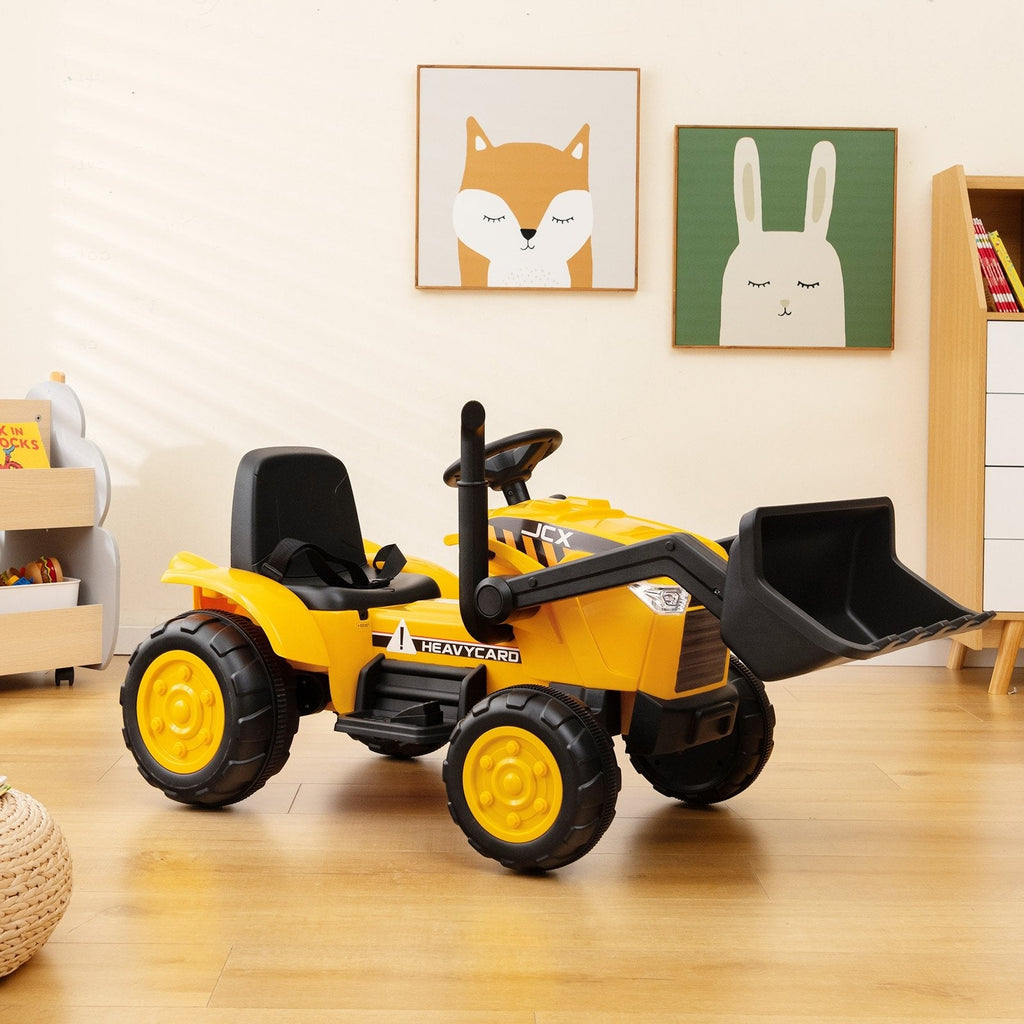 Pelle mécanique pour enfants 12V avec godet réglable, crochet de bras verrouillable, démarrage progressif et télécommande pour adultes, jaune