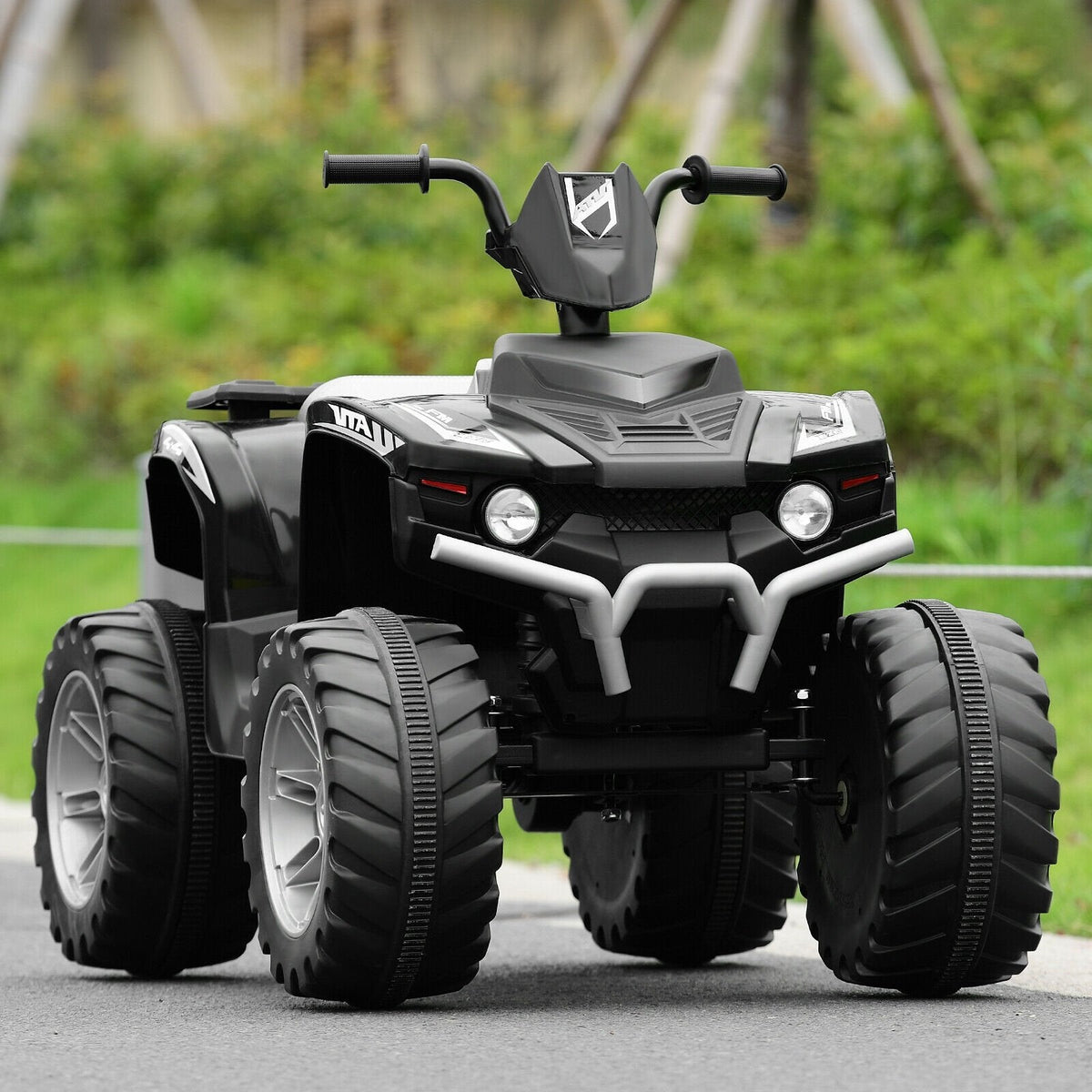 Quad électrique pour enfant 12V avec démarrage progressif, vitesses rapide et lente, feux LED, port USB et pneus à crampons, 77 lb, noir