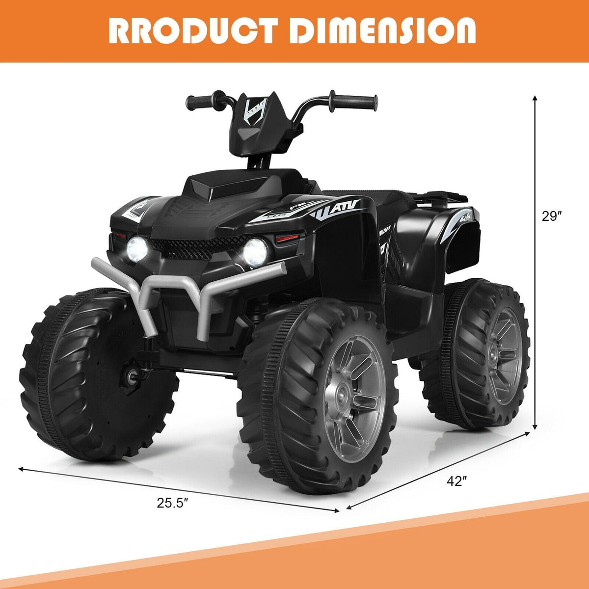 Quad électrique pour enfant 12V avec démarrage progressif, vitesses rapide et lente, feux LED, port USB et pneus à crampons, 77 lb, noir