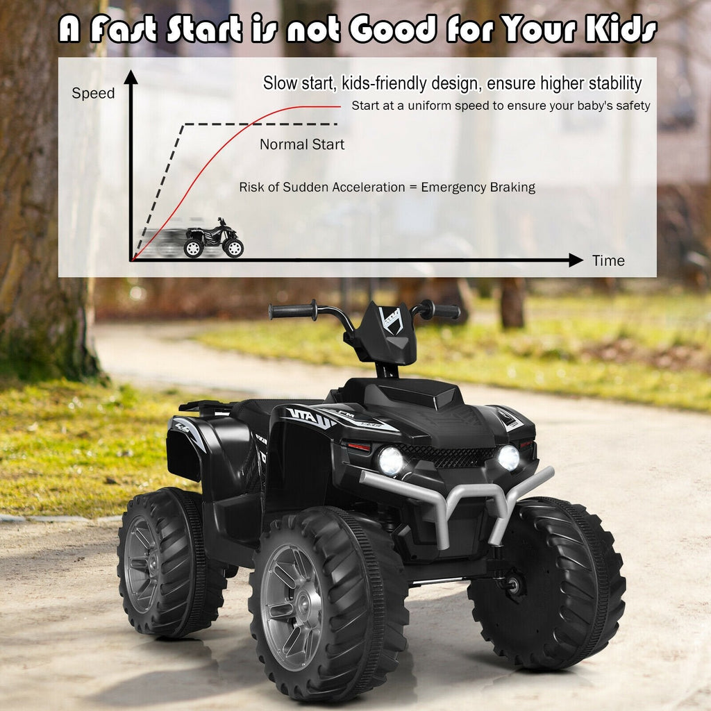 Quad électrique pour enfant 12V avec démarrage progressif, vitesses rapide et lente, feux LED, port USB et pneus à crampons, 77 lb, noir