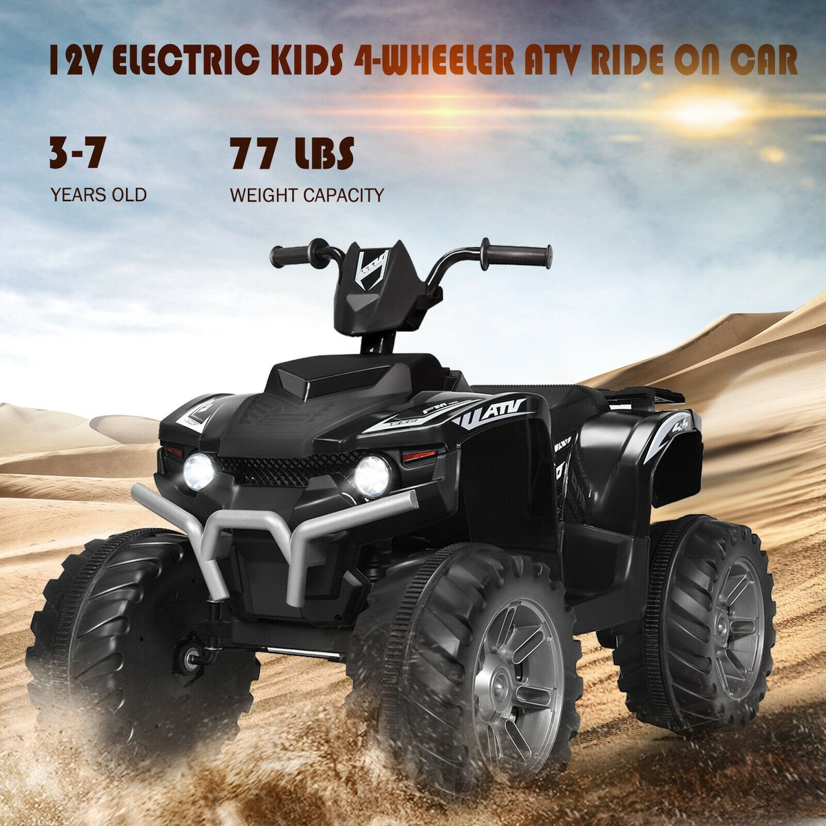 Quad électrique pour enfant 12V avec démarrage progressif, vitesses rapide et lente, feux LED, port USB et pneus à crampons, 77 lb, noir