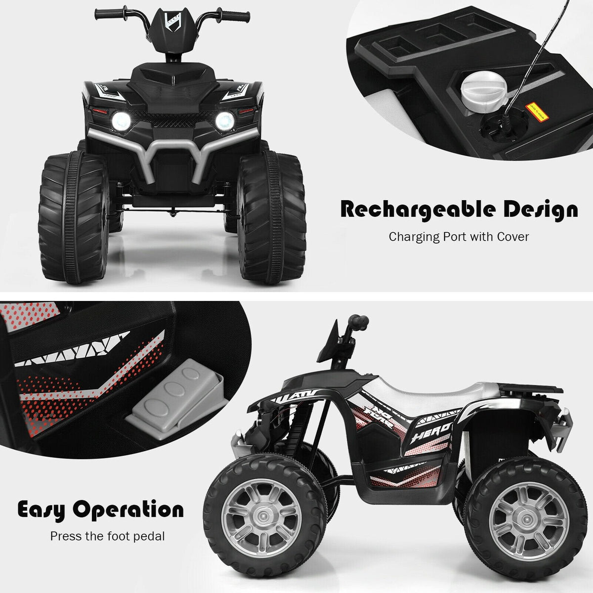 Quad électrique pour enfant 12V avec démarrage progressif, vitesses rapide et lente, feux LED, port USB et pneus à crampons, 77 lb, noir