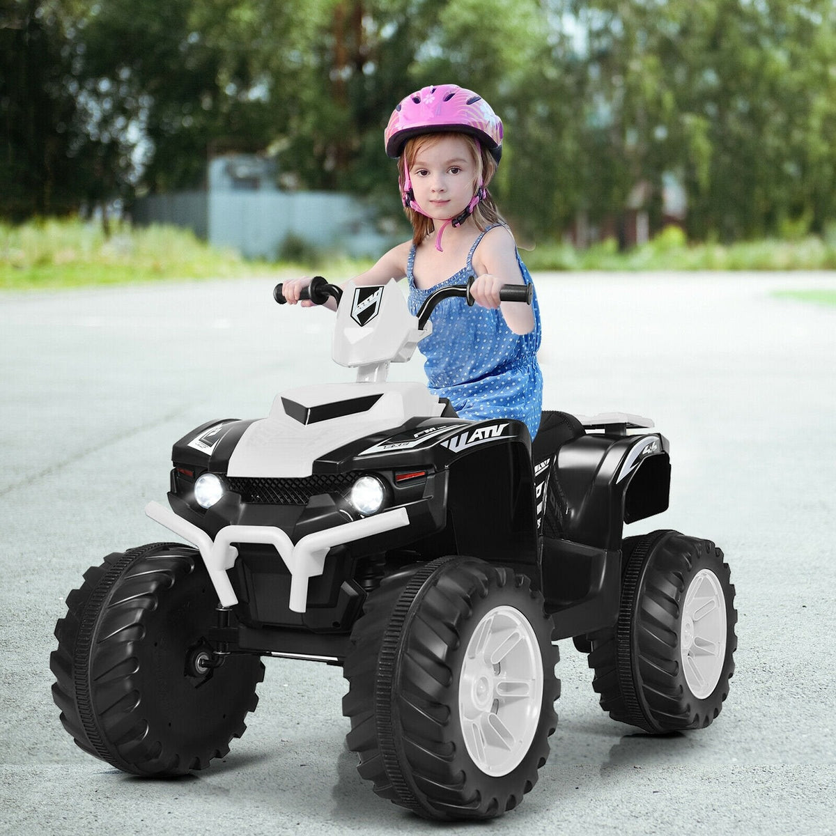 12V Kinder-Quad zum Fahren mit abgedecktem Ladeanschluss, Sanftanlauf, LED-Lichtern und Ladestandanzeige, 35 kg, Weiß