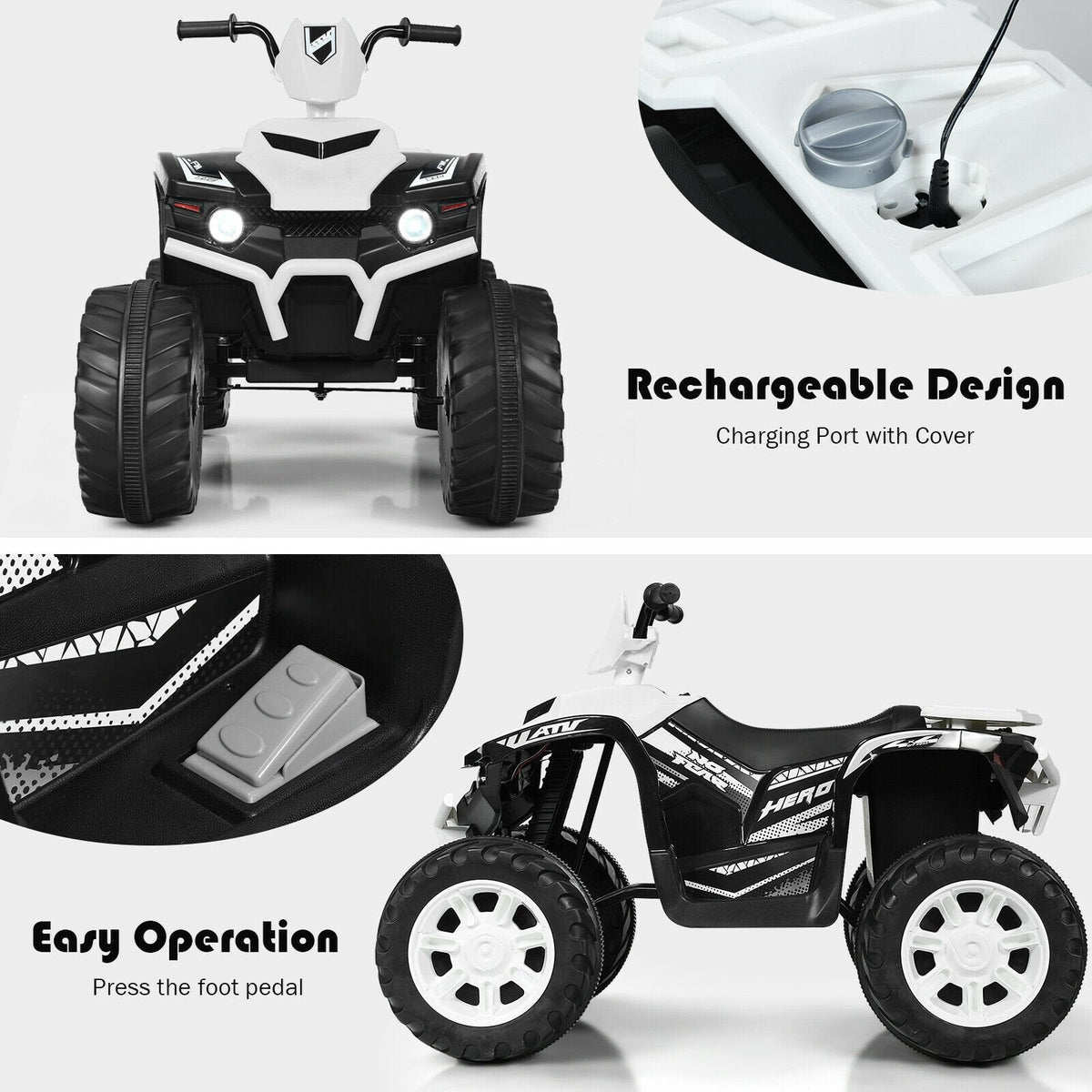 12V Kinder-Quad zum Fahren mit abgedecktem Ladeanschluss, Sanftanlauf, LED-Lichtern und Ladestandanzeige, 35 kg, Weiß