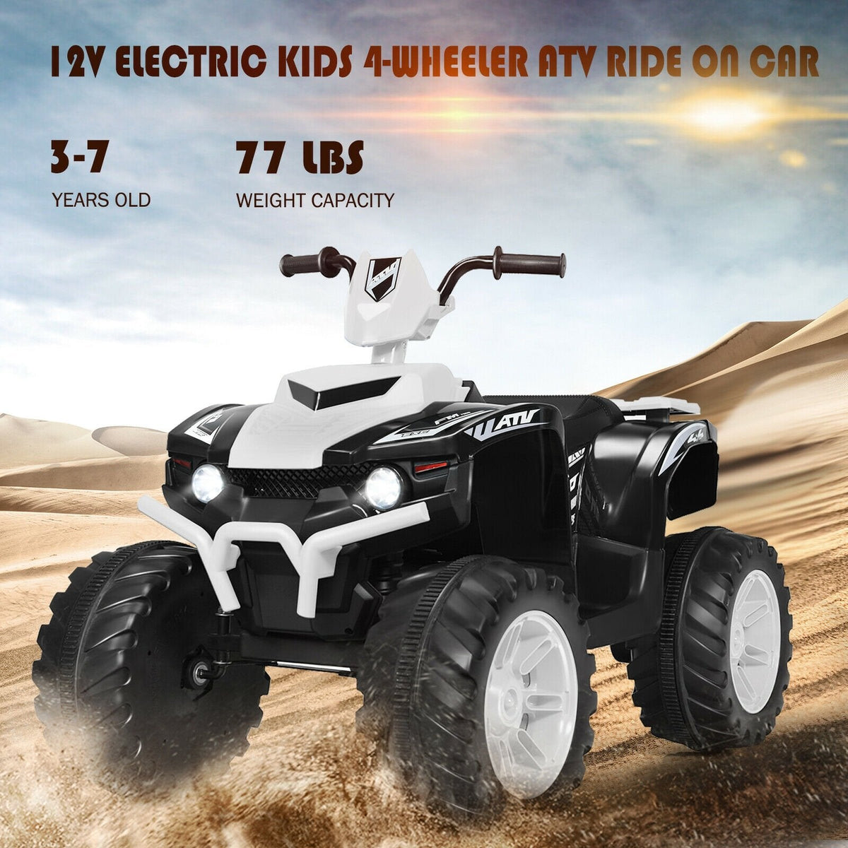12V Kinder-Quad zum Fahren mit abgedecktem Ladeanschluss, Sanftanlauf, LED-Lichtern und Ladestandanzeige, 35 kg, Weiß