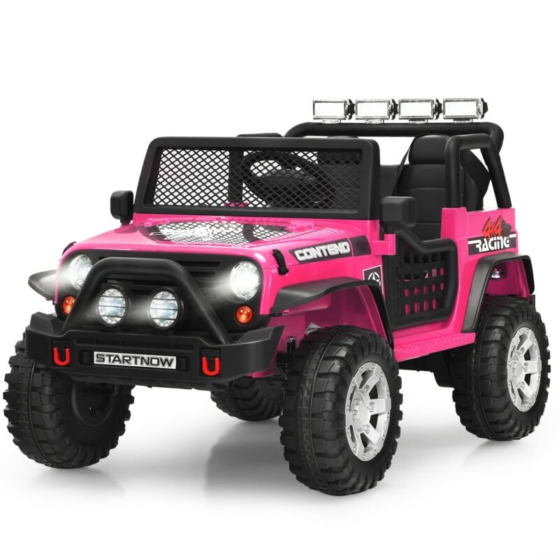 12V Kinder-Elektro-Truck mit Eltern-Fernbedienung mit Vorrangfunktion, Vorder- und Hinterradfederung, 1 bis 5 mph, Pink