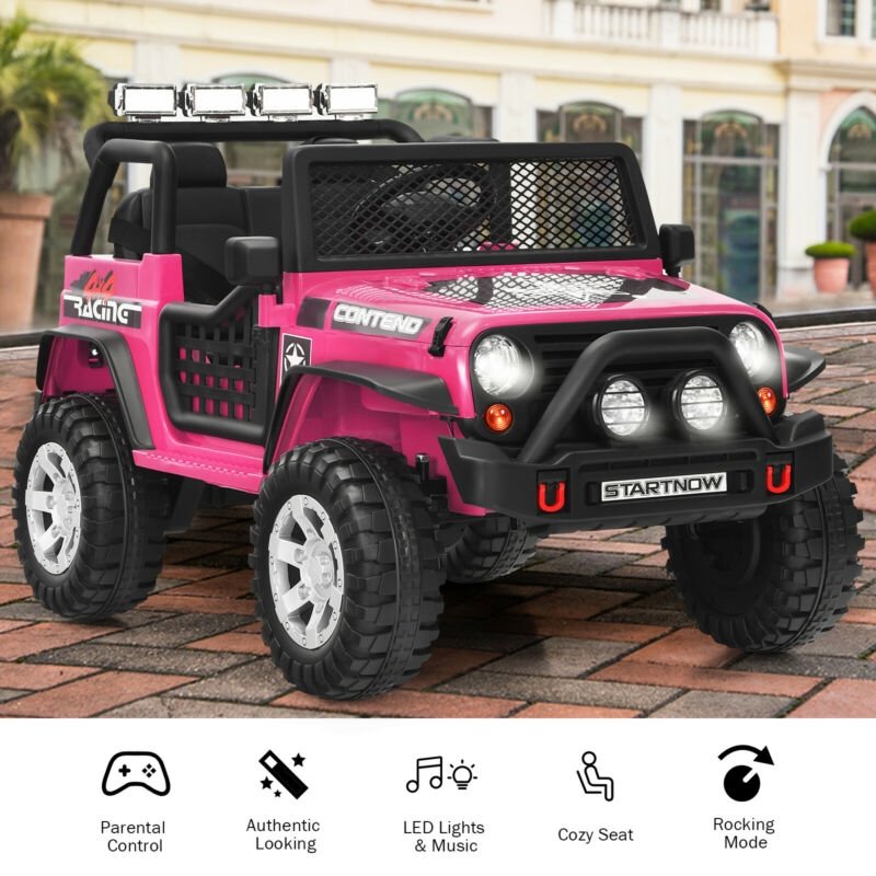 12V Kinder-Elektro-Truck mit Eltern-Fernbedienung mit Vorrangfunktion, Vorder- und Hinterradfederung, 1 bis 5 mph, Pink