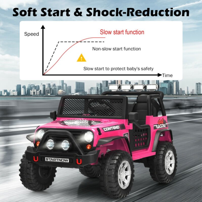 12V Kinder-Elektro-Truck mit Eltern-Fernbedienung mit Vorrangfunktion, Vorder- und Hinterradfederung, 1 bis 5 mph, Pink