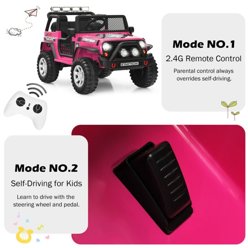 12V Kinder-Elektro-Truck mit Eltern-Fernbedienung mit Vorrangfunktion, Vorder- und Hinterradfederung, 1 bis 5 mph, Pink