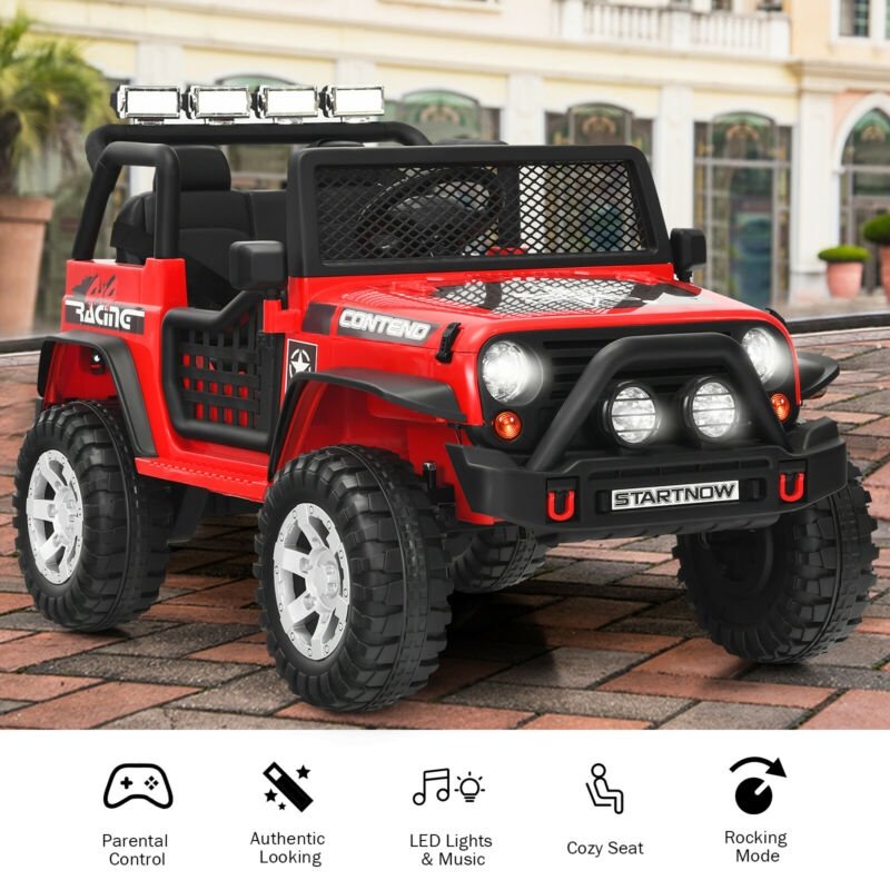 ロッキングモード・前後輪サスペンション・ロック付ドア・2.4Gリモコン搭載 12V電動乗用トラック（レッド）