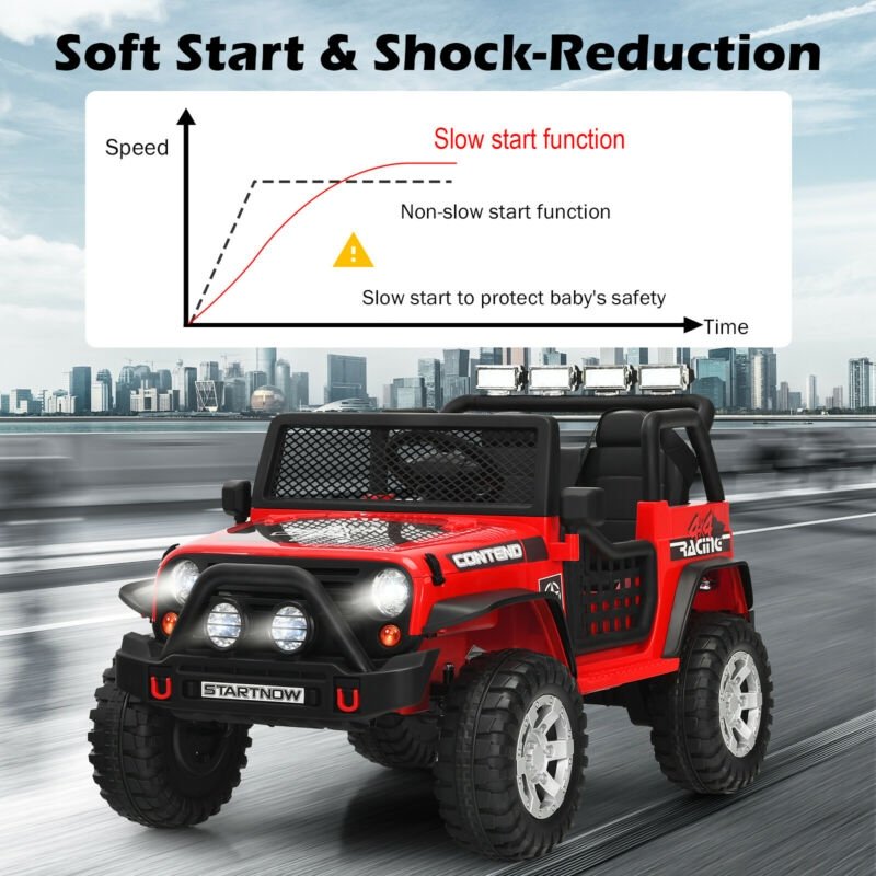 ロッキングモード・前後輪サスペンション・ロック付ドア・2.4Gリモコン搭載 12V電動乗用トラック（レッド）