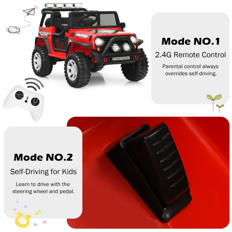 ロッキングモード・前後輪サスペンション・ロック付ドア・2.4Gリモコン搭載 12V電動乗用トラック（レッド）