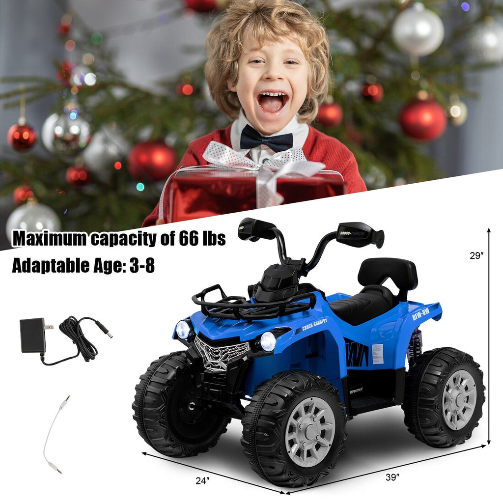 Quad électrique 12V pour enfants avec vitesse élevée verrouillable, capacité de 66 lb, suspension arrière et MP3, de 3 à 8 ans, Bleu
