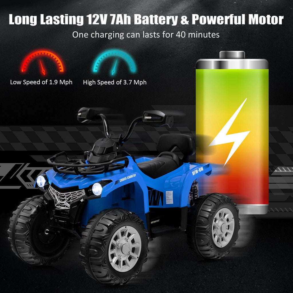 Quad électrique 12V pour enfants avec vitesse élevée verrouillable, capacité de 66 lb, suspension arrière et MP3, de 3 à 8 ans, Bleu