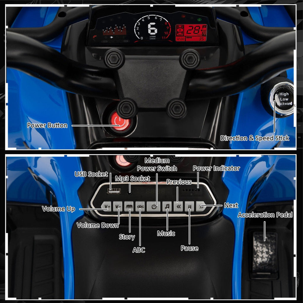 Quad électrique 12V pour enfants avec vitesse élevée verrouillable, capacité de 66 lb, suspension arrière et MP3, de 3 à 8 ans, Bleu