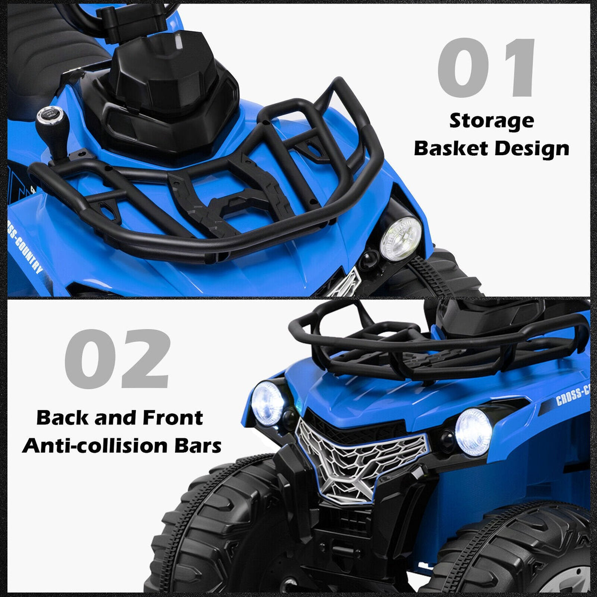 Quad électrique 12V pour enfants avec vitesse élevée verrouillable, capacité de 66 lb, suspension arrière et MP3, de 3 à 8 ans, Bleu