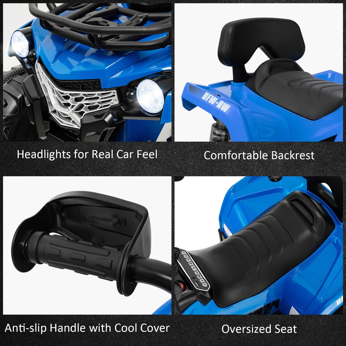 Quad électrique 12V pour enfants avec vitesse élevée verrouillable, capacité de 66 lb, suspension arrière et MP3, de 3 à 8 ans, Bleu