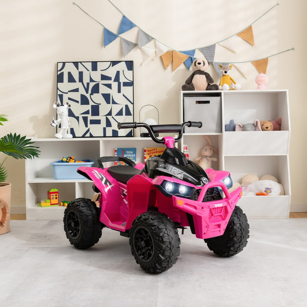 Quad électrique pour enfants 12 V, capacité de charge de 35 kg, vitesses élevée et réduite, poignée de transport et phares, de 3 à 8 ans, rose