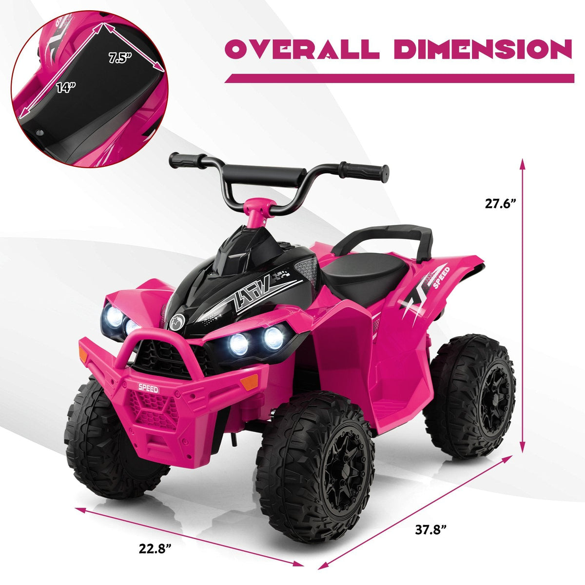 Quad électrique pour enfants 12 V, capacité de charge de 35 kg, vitesses élevée et réduite, poignée de transport et phares, de 3 à 8 ans, rose