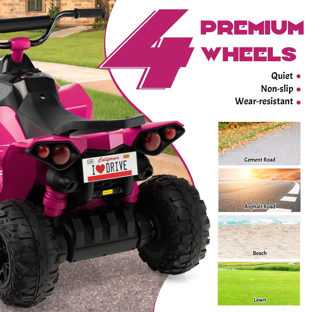 Quad électrique pour enfants 12 V, capacité de charge de 35 kg, vitesses élevée et réduite, poignée de transport et phares, de 3 à 8 ans, rose