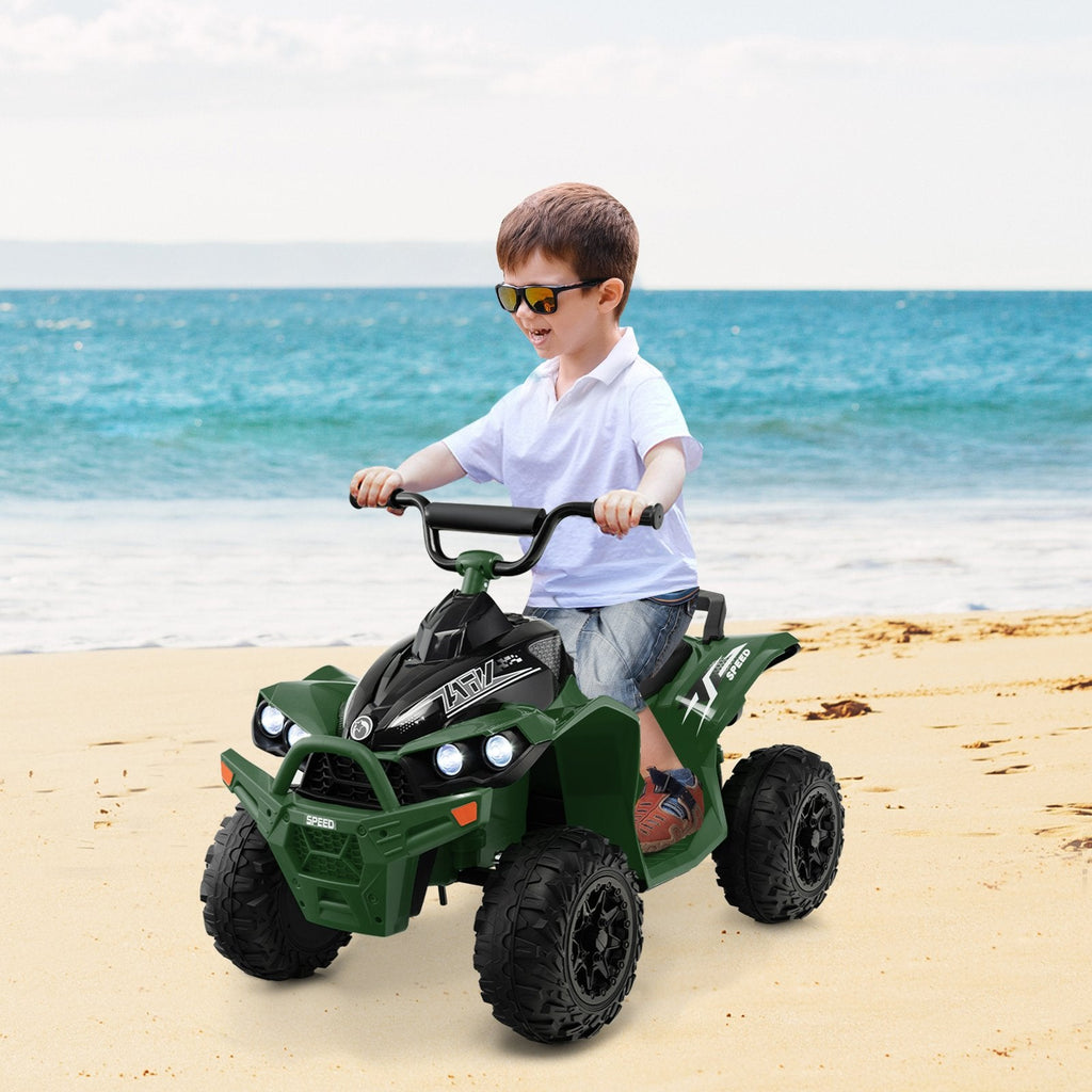 12-V-Kinder-Quad zum Draufsitzen mit leisen, rutschfesten Rädern für Rasen und Strand, Tragkraft 35 kg, hohe und niedrige Geschwindigkeit, Armeegrün