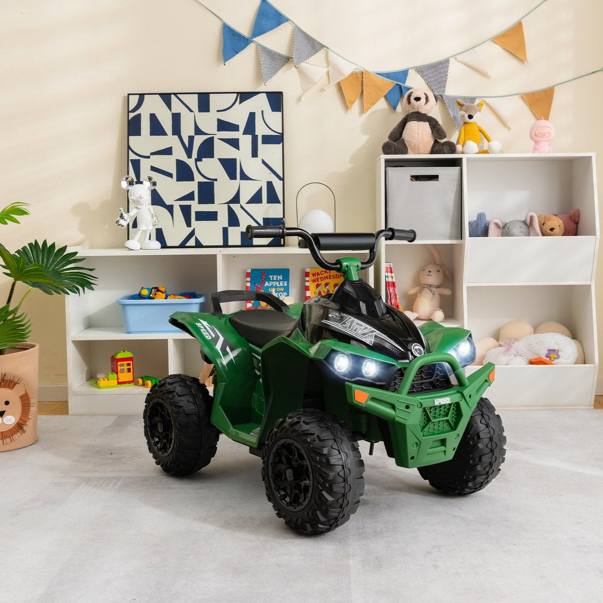 12V Kids Ride On ATV Quad with Quiet Non Slip Wheels for Lawn and Beach, 77 lb Capacity, High and Low Speed, Army Green