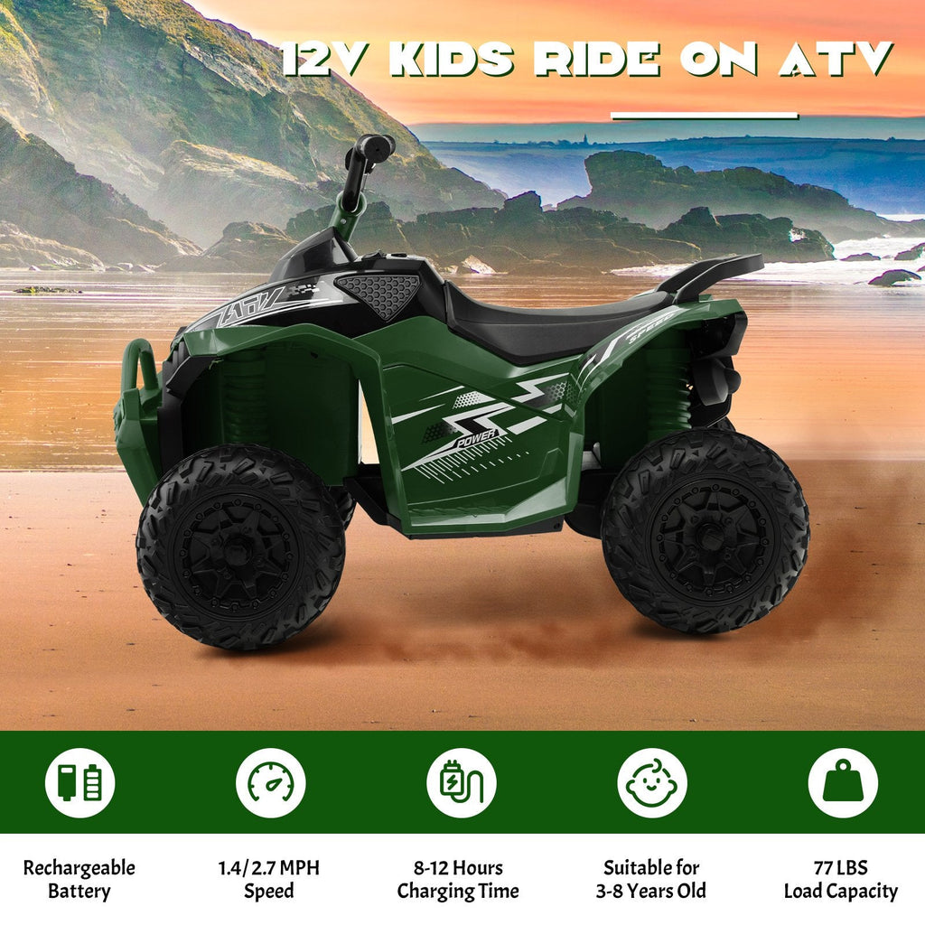 12-V-Kinder-Quad zum Draufsitzen mit leisen, rutschfesten Rädern für Rasen und Strand, Tragkraft 35 kg, hohe und niedrige Geschwindigkeit, Armeegrün