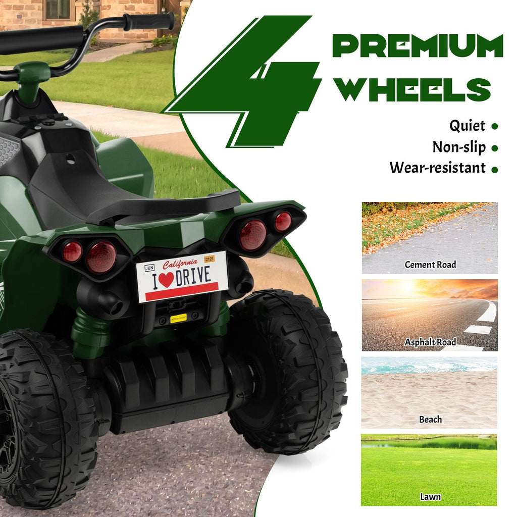 12-V-Kinder-Quad zum Draufsitzen mit leisen, rutschfesten Rädern für Rasen und Strand, Tragkraft 35 kg, hohe und niedrige Geschwindigkeit, Armeegrün