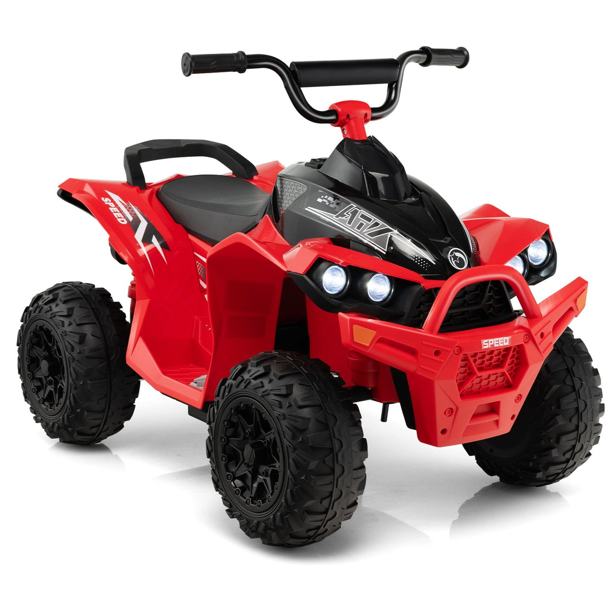 Cuatrimoto eléctrica de 12V para niños con botones independientes de arranque, dirección y velocidad, reposapiés anchos, capacidad de 77 lb, color rojo