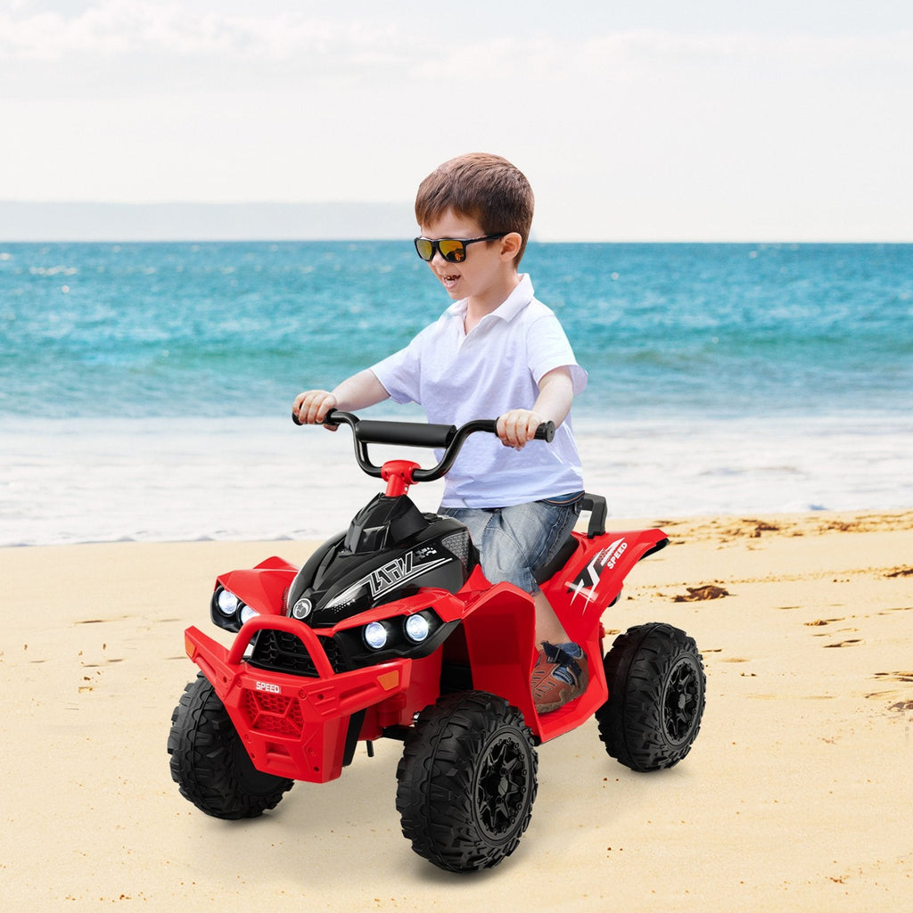 Cuatrimoto eléctrica de 12V para niños con botones independientes de arranque, dirección y velocidad, reposapiés anchos, capacidad de 77 lb, color rojo