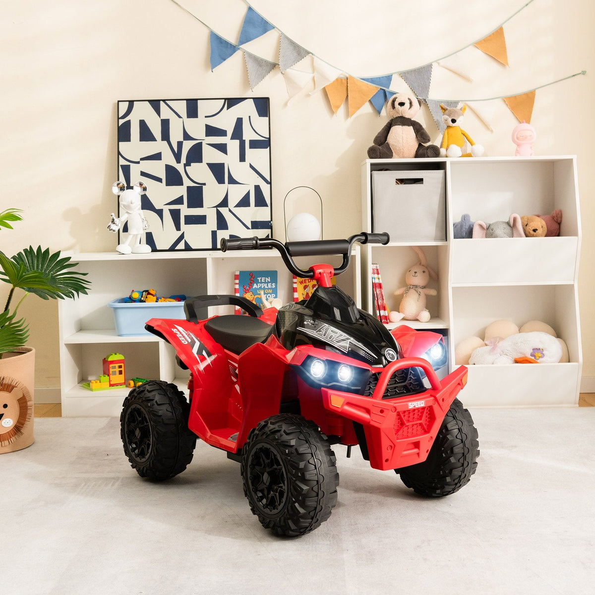 Cuatrimoto eléctrica de 12V para niños con botones independientes de arranque, dirección y velocidad, reposapiés anchos, capacidad de 77 lb, color rojo