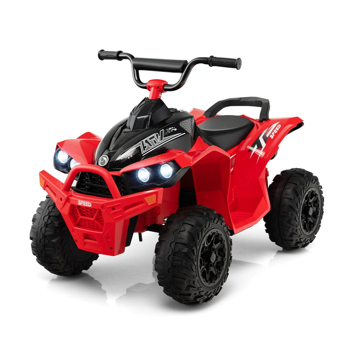 Cuatrimoto eléctrica de 12V para niños con botones independientes de arranque, dirección y velocidad, reposapiés anchos, capacidad de 77 lb, color rojo
