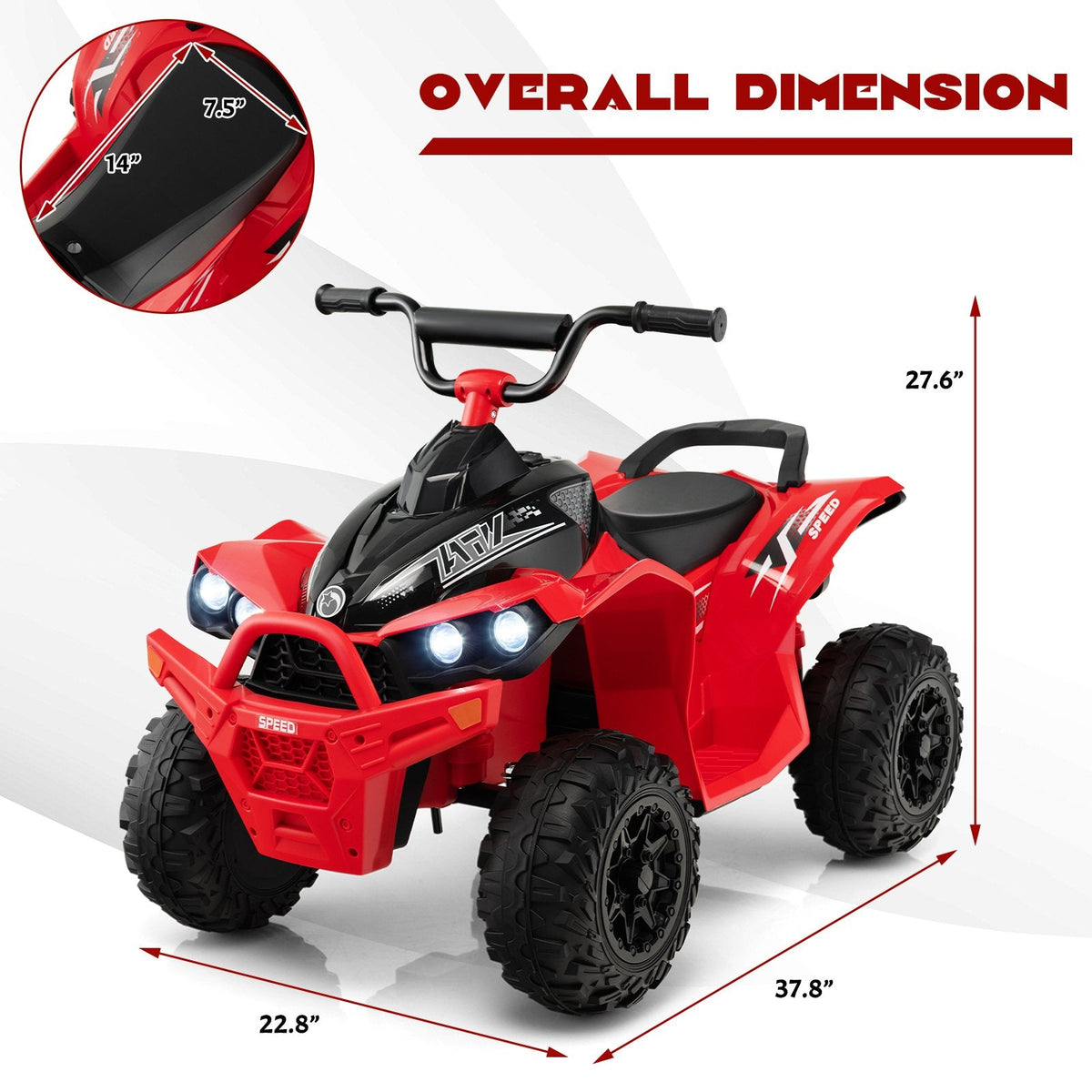 Cuatrimoto eléctrica de 12V para niños con botones independientes de arranque, dirección y velocidad, reposapiés anchos, capacidad de 77 lb, color rojo