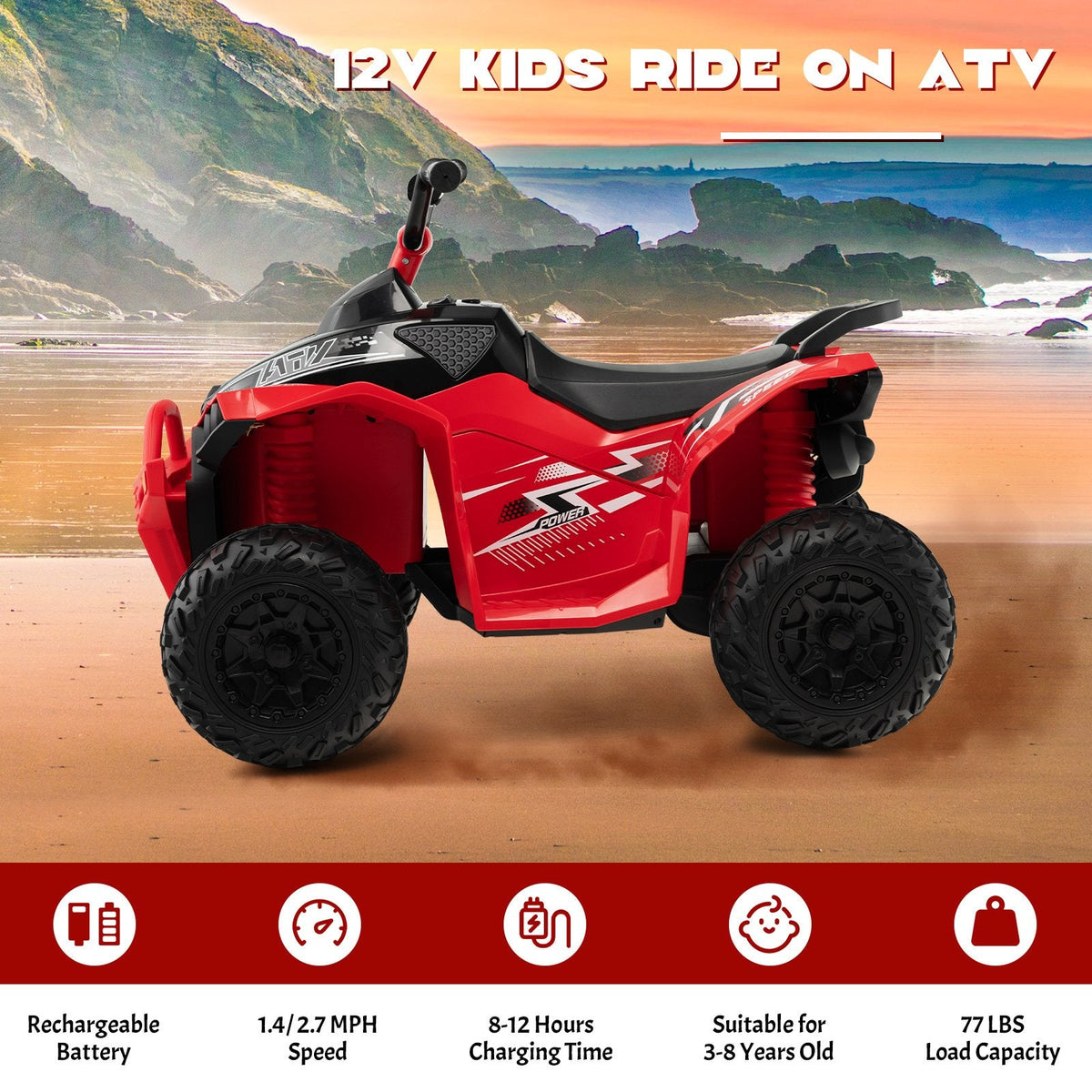Cuatrimoto eléctrica de 12V para niños con botones independientes de arranque, dirección y velocidad, reposapiés anchos, capacidad de 77 lb, color rojo