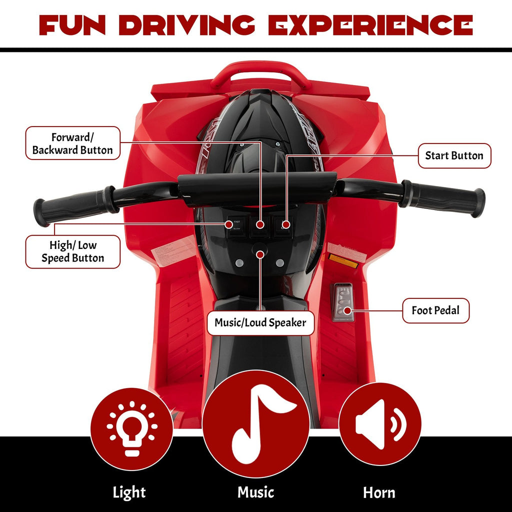 Cuatrimoto eléctrica de 12V para niños con botones independientes de arranque, dirección y velocidad, reposapiés anchos, capacidad de 77 lb, color rojo
